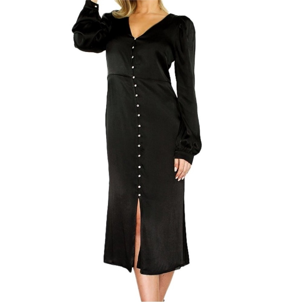 Anthropologie En Saison Lizette Black Satin long-sleeve Midi Dress